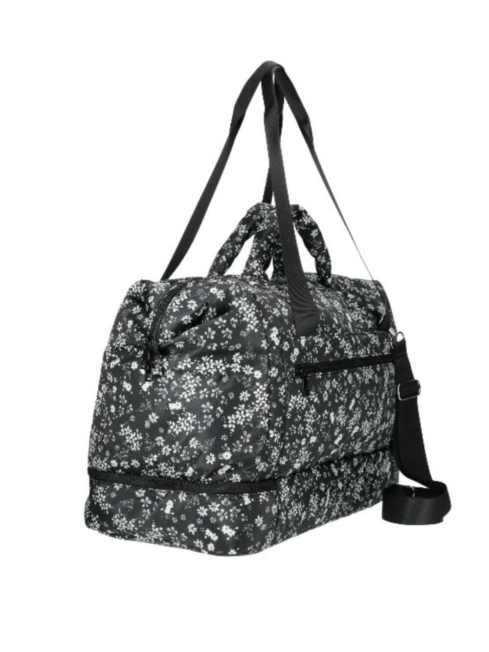 Black White Floral Carry-On Duffel Bag Adjustable Straps Shoulder Strap - Picture 3 of 4